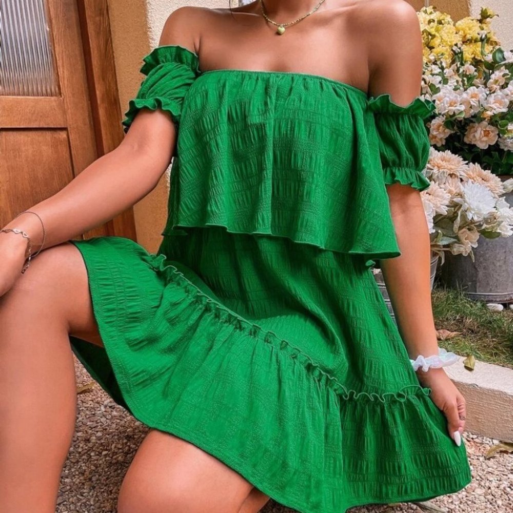 Boho Green  Off Shoulder Ruffle Hem Mini Dress - Picture 6 of 7
